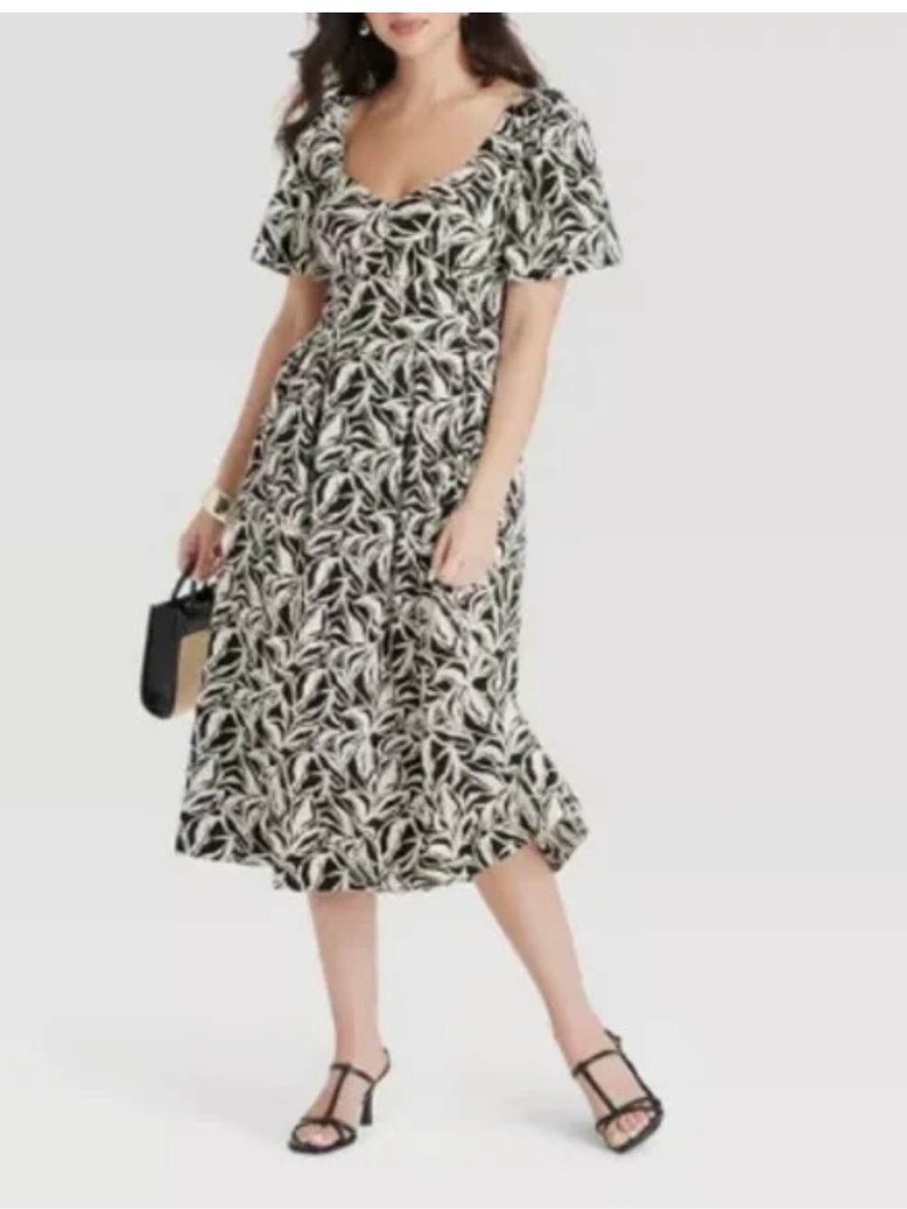 a new day Black and White Leaf-Print Scoop Neck Midi Dress